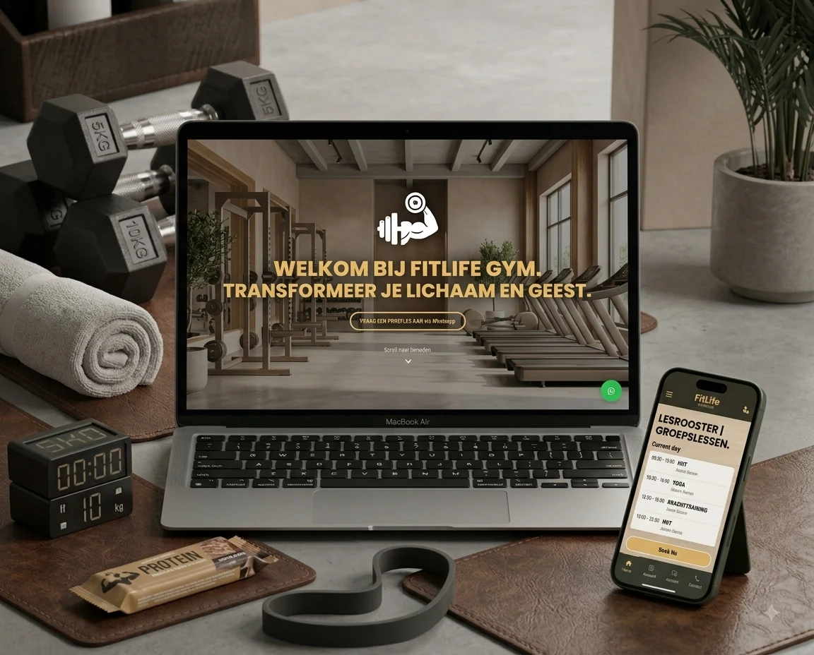 Mock-up van de FitLife Gym website op een laptop en telefoon