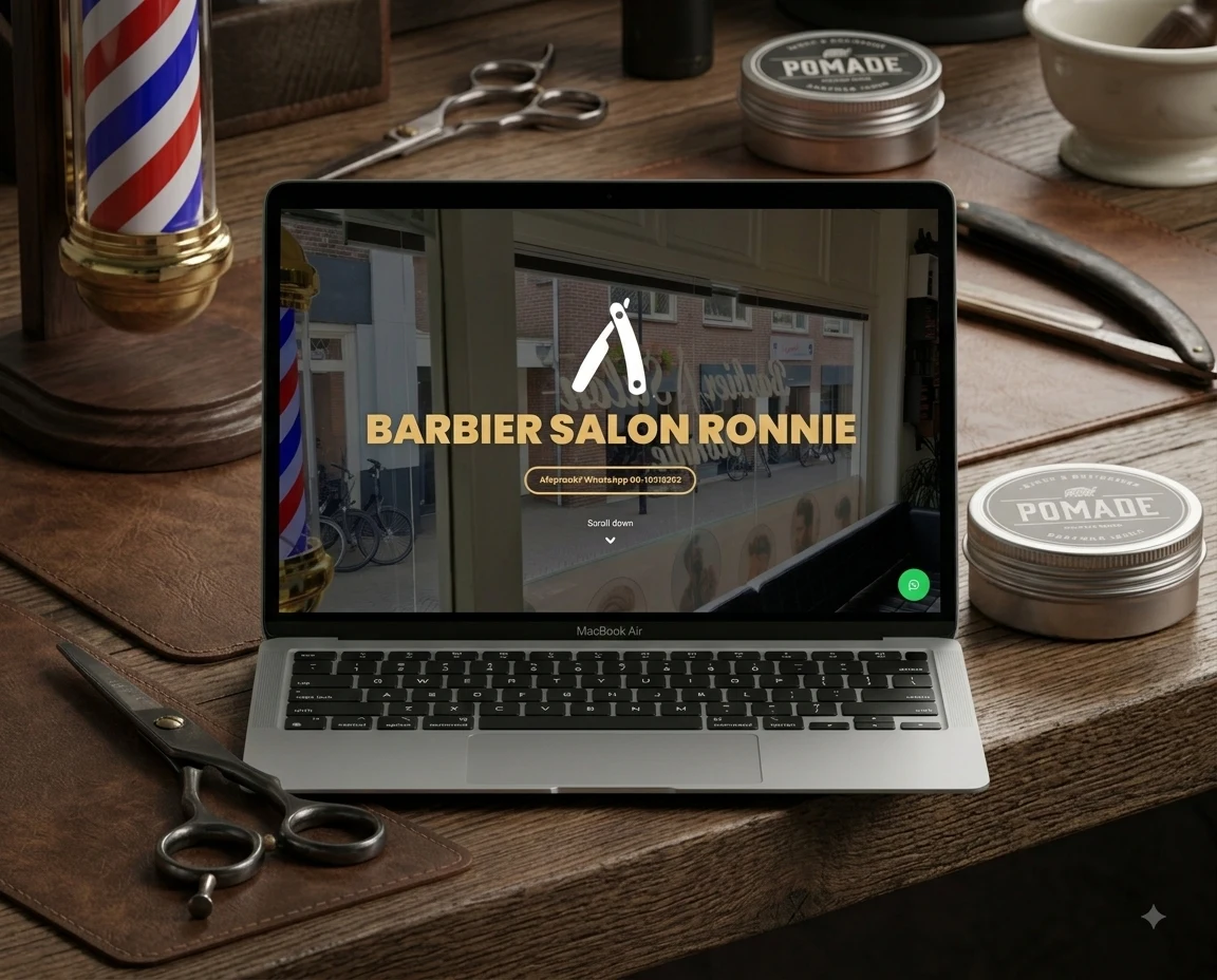 Mock-up van de Barbier Salon Ronnie website op een laptop